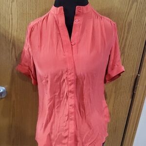 Frame Denim Red Button Down Silk Mock Collar Blouse